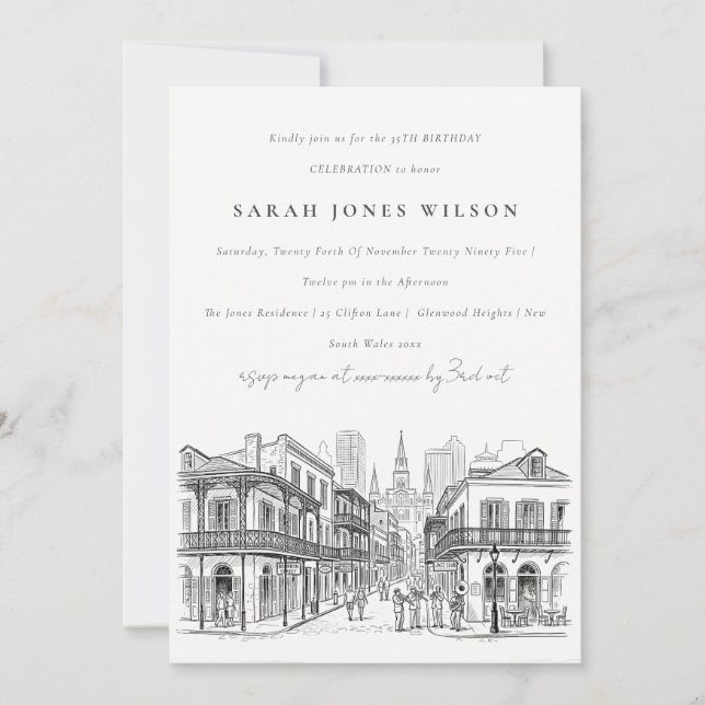 Invitación Boceto Mínimo Cumpleaños Nueva Orleans Louisiana (Anverso)