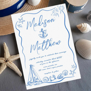 Invitación Bocetos a Mano Anchor Playa Bodas Náuticas 