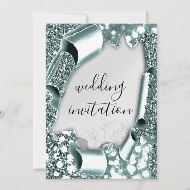 Invitación Boda 3D Efecto Frame Florals Plata Smoky Verde azu (Anverso)