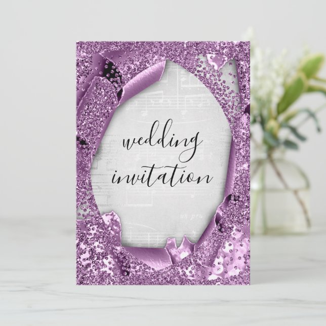 Invitación Boda 3D Efecto Gris Gris Gris Púrpura Música (Anverso de pie)