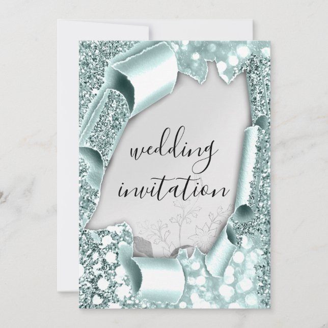 Invitación Boda 3D Efecto Marco Floración Plata Mint Aqua (Anverso)