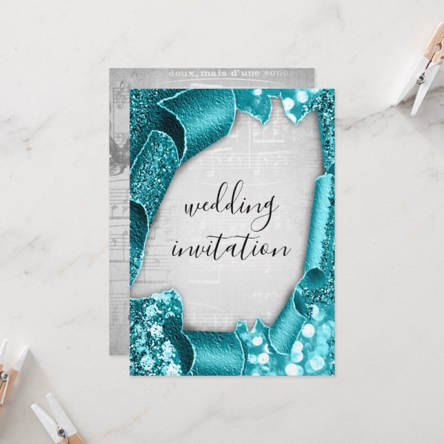 Invitación Boda 3D Efecto Música Verde azulada Gris plateado (Anverso/Reverso In Situ)