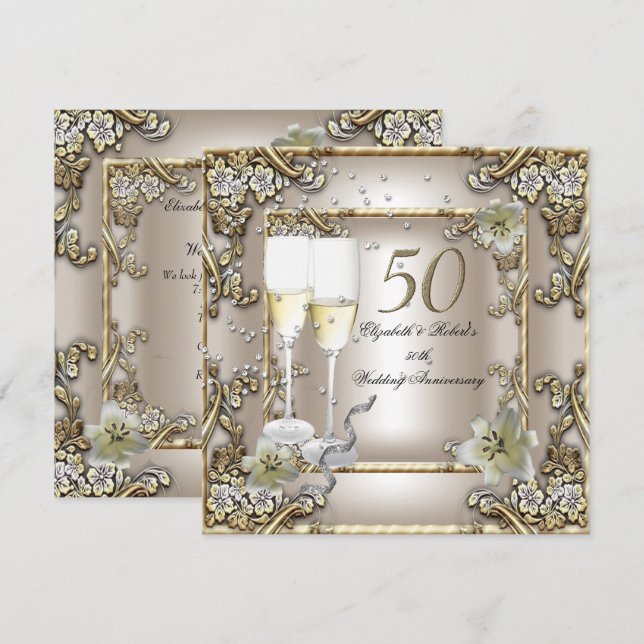 Invitación Boda 50 Aniversario Crema Oro Lily (Anverso / Reverso)