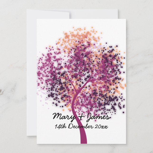 Invitación Boda 5x7 "Guardar la fecha" Árbol púrpura moderno (Anverso)