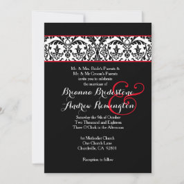 Invitación Boda A09 de acentos rojos de Damasco blanco y negr