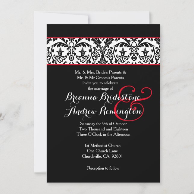 Invitación Boda A09 de acentos rojos de Damasco blanco y negr (Anverso)
