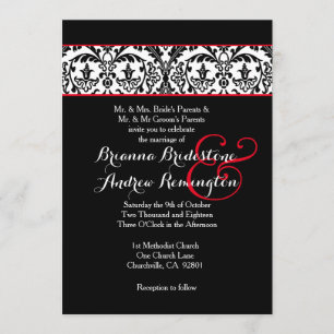 Invitación Boda A09 de acentos rojos de Damasco blanco y negr