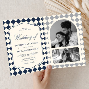 Invitación Boda a cuadros azul marino en marfil de dinero ant