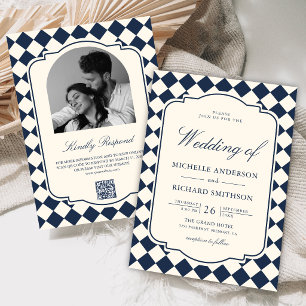 Invitación Boda a cuadros azul marino en marfil de dinero ant