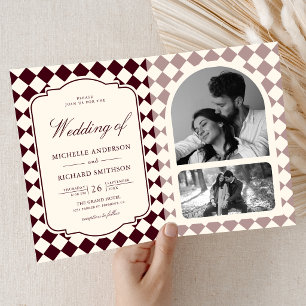 Invitación Boda a cuadros marfil burgundy de dinero viejo vin