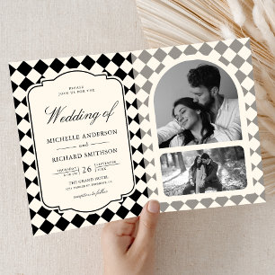 Invitación Boda a cuadros marfil negro dinero viejo vintage