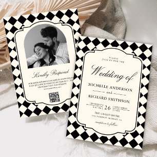 Invitación Boda a cuadros marfil negro dinero viejo vintage