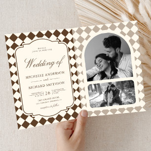 Invitación Boda a cuadros marrones marfil de dinero viejo vin
