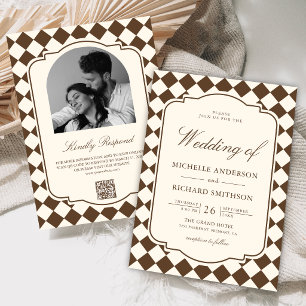 Invitación Boda a cuadros marrones marfil de dinero viejo vin