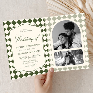 Invitación Boda a cuadros verde oliva marfil de dinero antigu