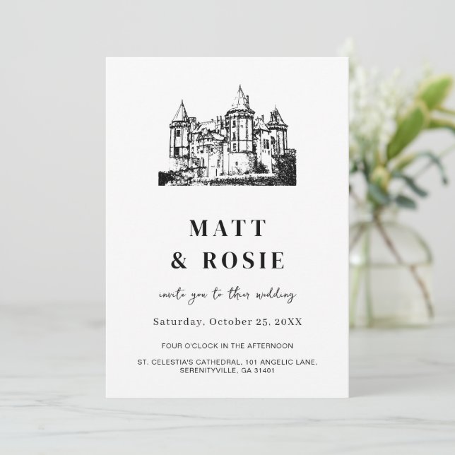 Invitación Boda A La Vista Con Esbozo De Venue DIGITAL DESCAR (Anverso de pie)