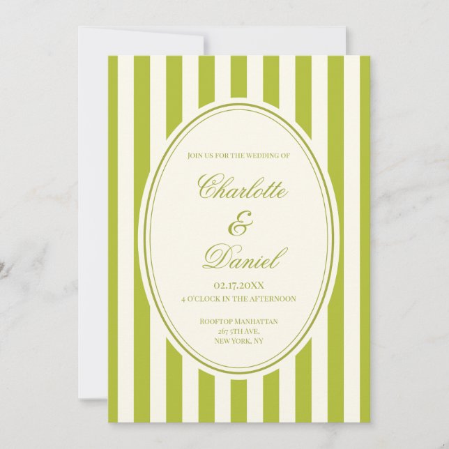 Invitación Boda a rayas chartreuse personalizada (Anverso)