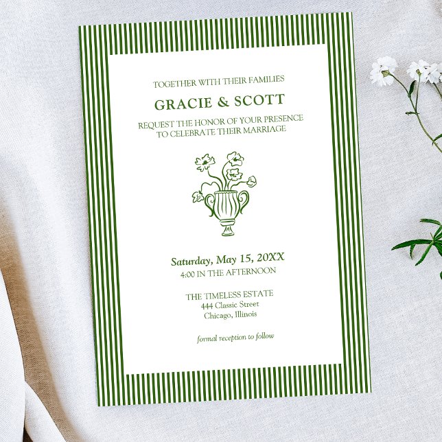 Invitación Boda a rayas delgadas del jardín verde floral clás (Subido por el creador)