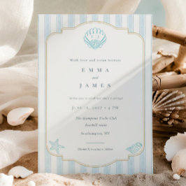 Invitación Boda a rayas náuticas de conchas marinas costeras 