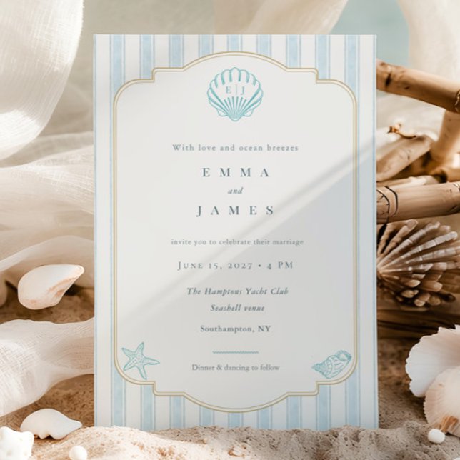Invitación Boda a rayas náuticas de conchas marinas costeras  (Subido por el creador)
