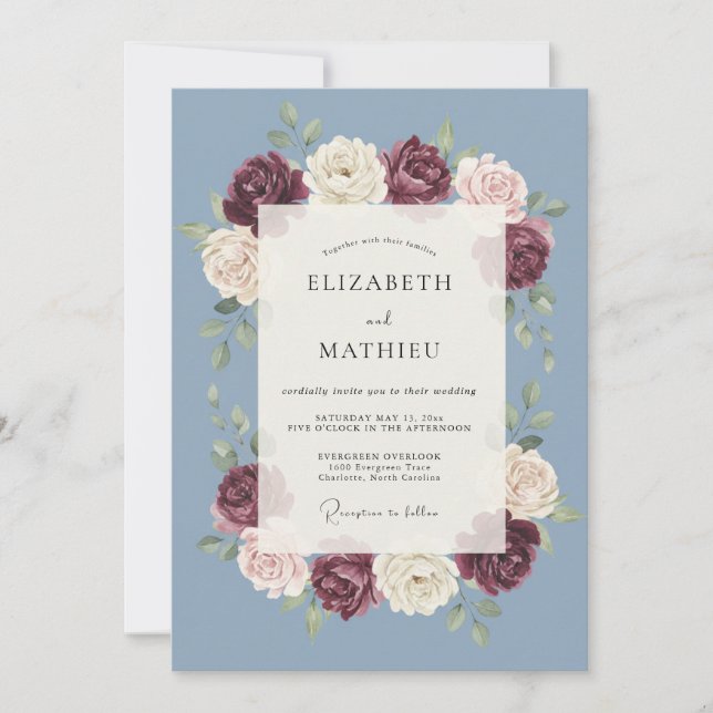 Invitación Boda Abrazo de Pétalo Azul Pizarra (Anverso)