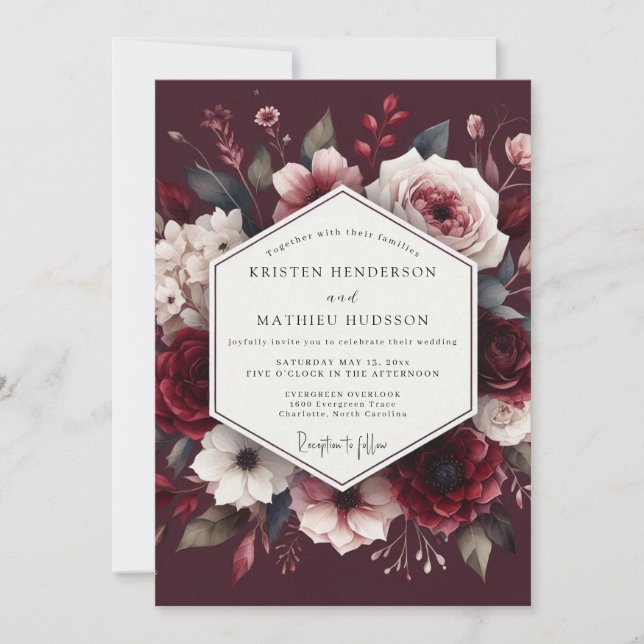 Invitación Boda abrazo floral borgoña (Anverso)