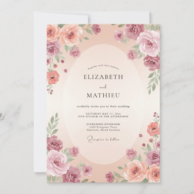 Invitación Boda Abrazo Floral Melocotón Malva (Anverso)