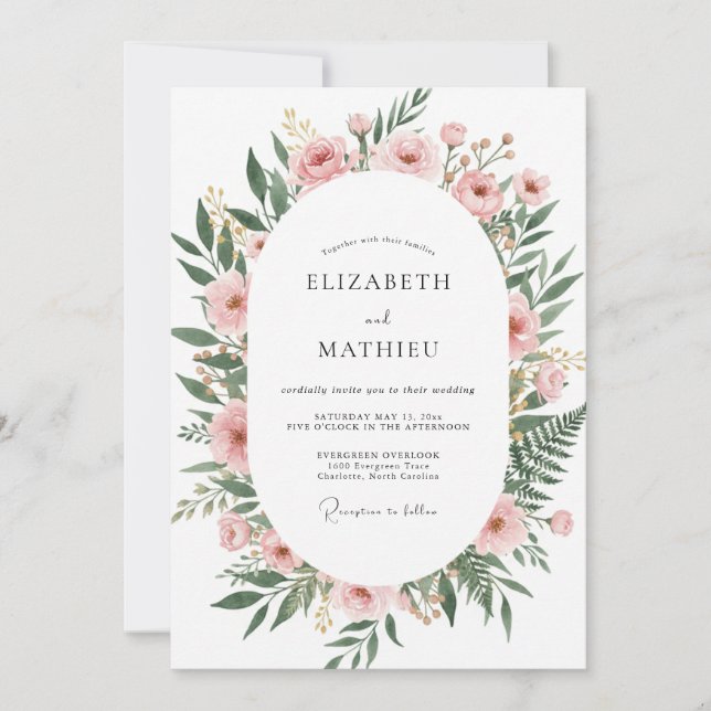 Invitación Boda Abrazo Floral Rosa Tímido (Anverso)