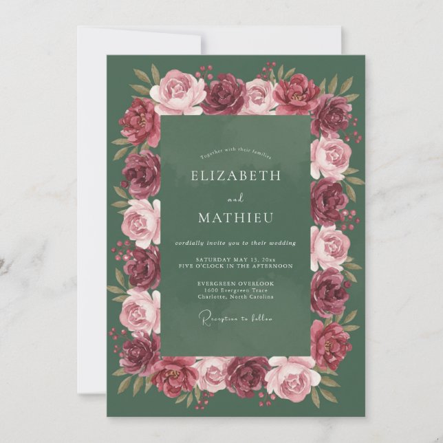 Invitación Boda Abrazo Floral Verde Profundo (Anverso)