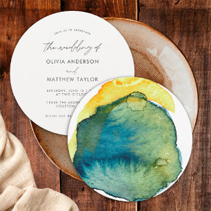 Invitación Boda abstracta acuarela azul amarillo boho