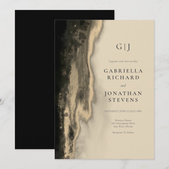 Invitación Boda abstracta beige y negro Glam Gold (Anverso / Reverso)