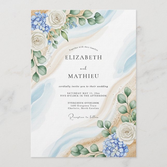 Invitación Boda abstracta botánica azul y blanco (Anverso)