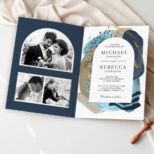 Invitación Boda abstracta código QR de pinceladas azules mari