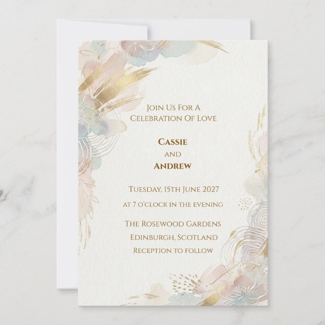 Invitación Boda abstracta con acuarela dorada pastel (Anverso)