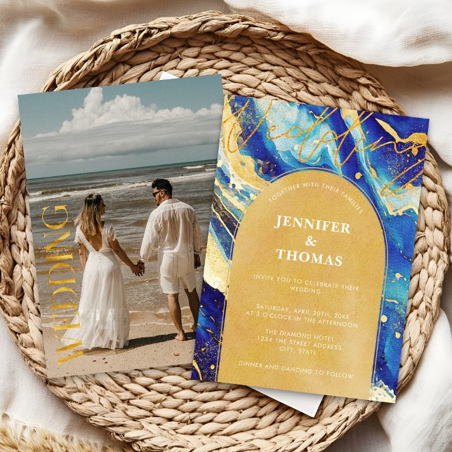Invitación Boda abstracta con arco fotográfico azul oro de la (Subido por el creador)