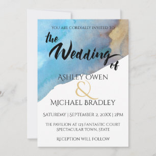 Invitación Boda abstracta de acuarela de playa con azul y are