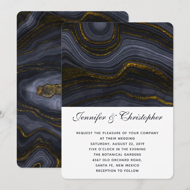 Invitación Boda abstracta de ágata moderna dorada negra azul  (Anverso / Reverso)
