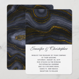 Invitación Boda abstracta de ágata moderna dorada negra azul
