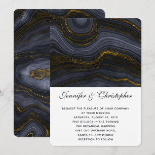 Invitación Boda abstracta de ágata moderna dorada negra azul 