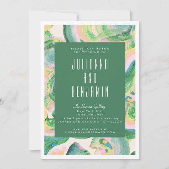 Invitación Boda abstracta de arte moderno en acuarela verde (Anverso)