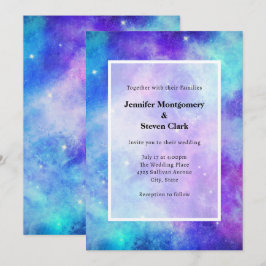 Invitación Boda abstracta de galaxia azul y púrpura en el esp
