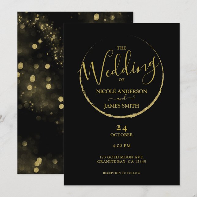 Invitación Boda abstracta de luna nueva con brillo negro y do (Anverso / Reverso)