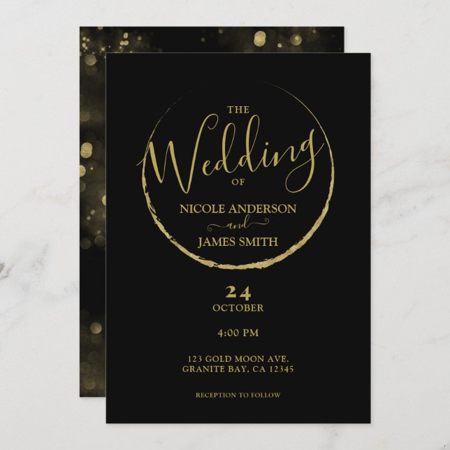 Invitación Boda abstracta de luna nueva en negro y dorado con (Anverso / Reverso)
