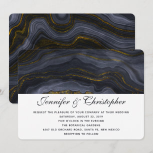 Invitación Boda abstracta de oro moderno negro y gris azul ág