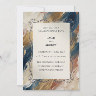 Invitación Boda abstracta de oro y óxido naval con pergamino