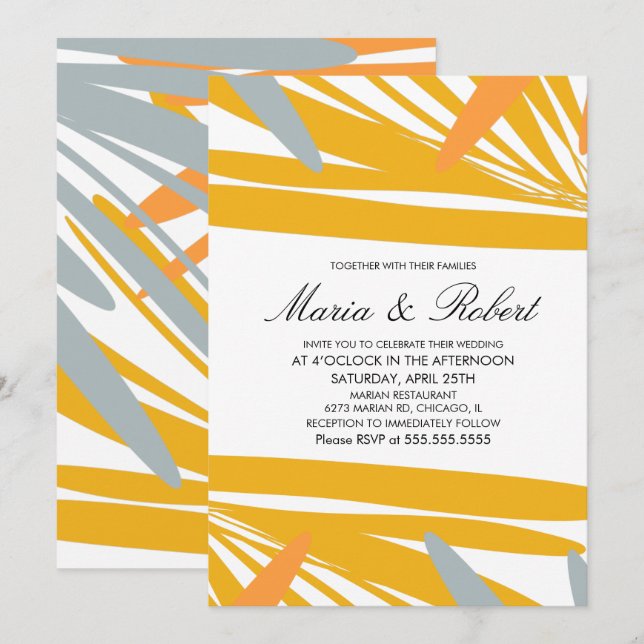 Invitación Boda abstracta de palma tropical de verano gris am (Anverso / Reverso)