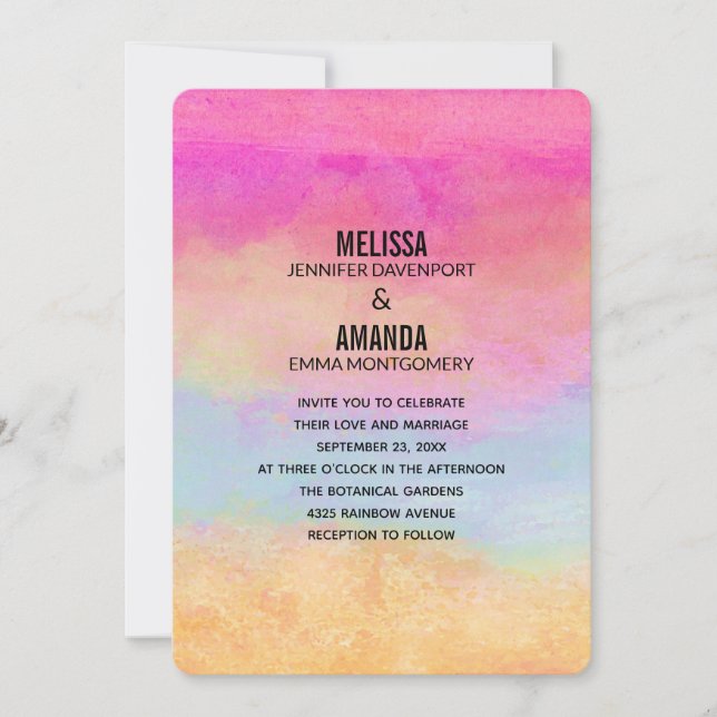 Invitación Boda abstracta de rayas rosa azul y amarillo Arcoí (Anverso)
