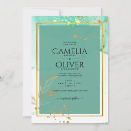Invitación Boda abstracta de tinta alcohólica dorada verde me