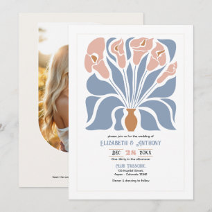 Invitación Boda abstracta floral boho de caramelo y azul polv