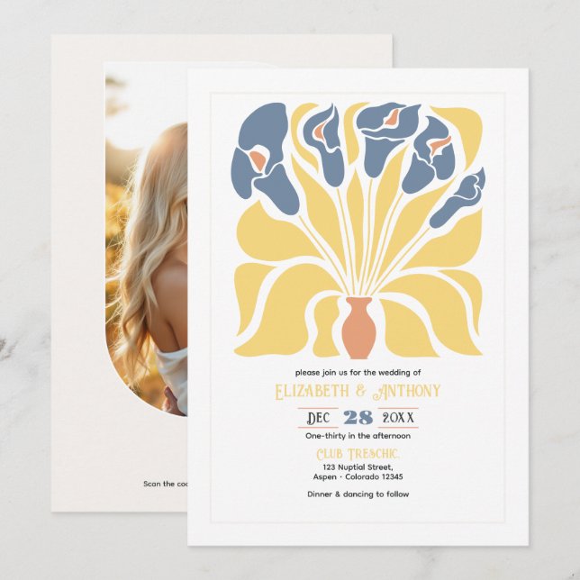 Invitación Boda abstracta floral boho de limón y denim (Anverso / Reverso)